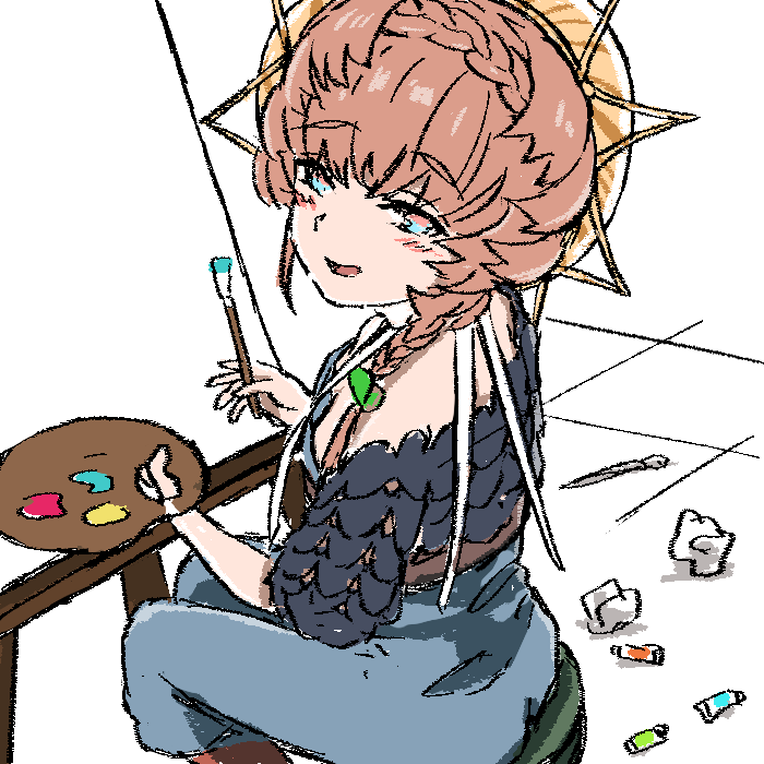 1girl belt black_sleeves blue_eyes blue_overalls blush braid brown_hair canvas_(object) crown_braid crumpled_paper fate/grand_order fate_(series) holding holding_paintbrush holding_palette looking_at_viewer open_mouth orange_headwear overalls paint paint_tube paintbrush palette_(object) paper puffy_sleeves red_pupils shimogamo_(shimomo_12) side_braid sitting sitting_on_object solo stool striped striped_headwear tile_floor tiles tongue van_gogh_(fate)