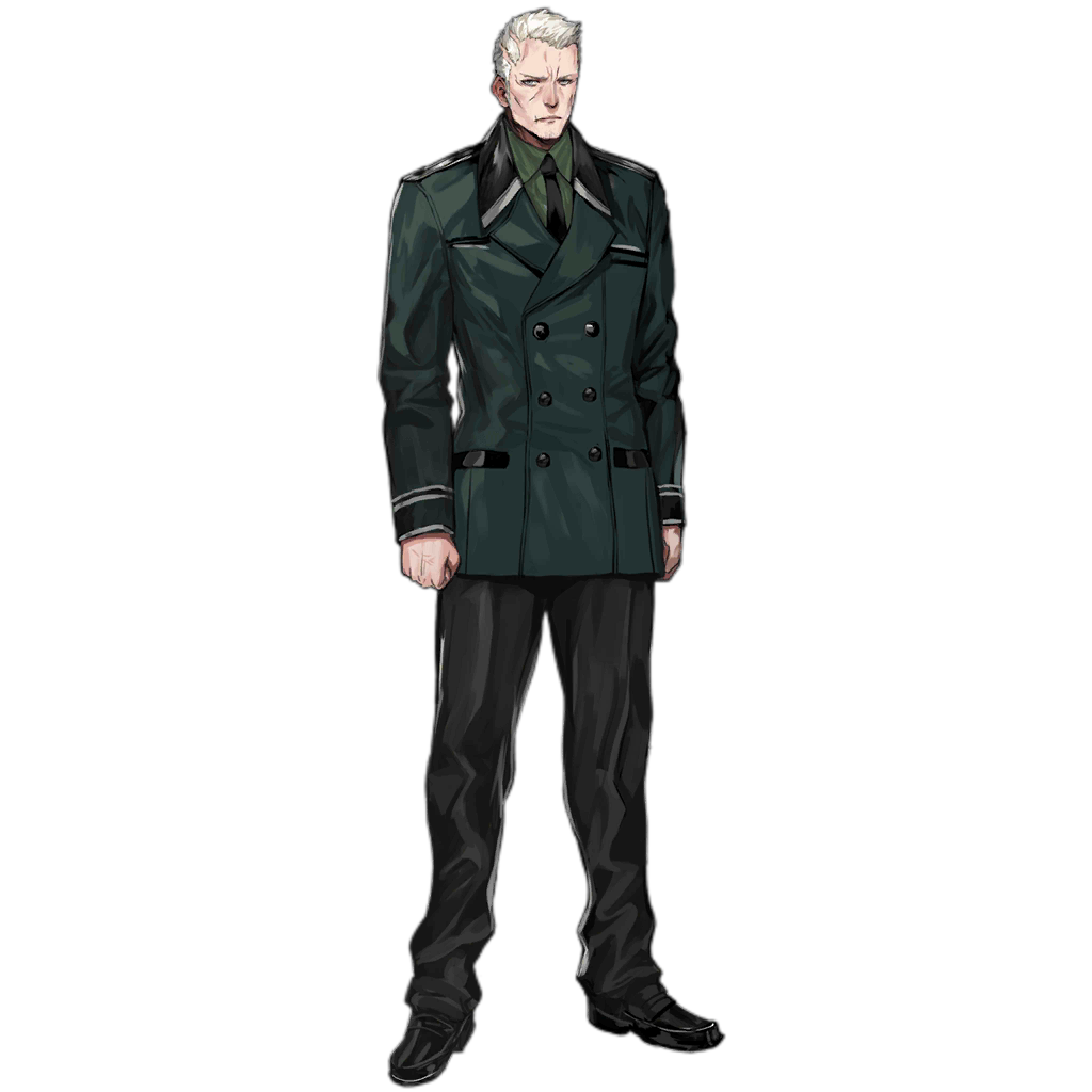1boy black_footwear black_necktie black_pants buttons clenched_hands closed_mouth coat crew_cut double-breasted dress_shoes frown full_body girls_frontline green_coat green_shirt infukun kcco_(girls'_frontline) long_sleeves looking_at_viewer male_focus military_uniform necktie official_art pants shirt short_hair simple_background solo standing suit transparent_background uniform very_short_hair white_hair yegor_(girls'_frontline)