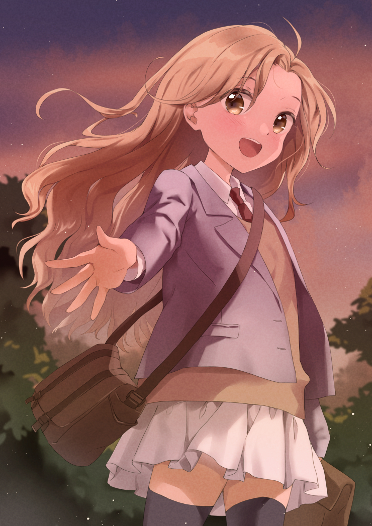 1girl ahoge bag blonde_hair blush carrying_bag clouds cloudy_sky commentary_request cowboy_shot curly_hair holding holding_bag jacket long_hair looking_at_viewer necktie open_clothes open_jacket open_mouth orange_sweater_vest original outstretched_arm red_necktie shoulder_strap skirt sky smile solo sweater_vest teeth tree twilight uniform unya_(unya-unya) upper_teeth_only white_skirt yellow_eyes zettai_ryouiki