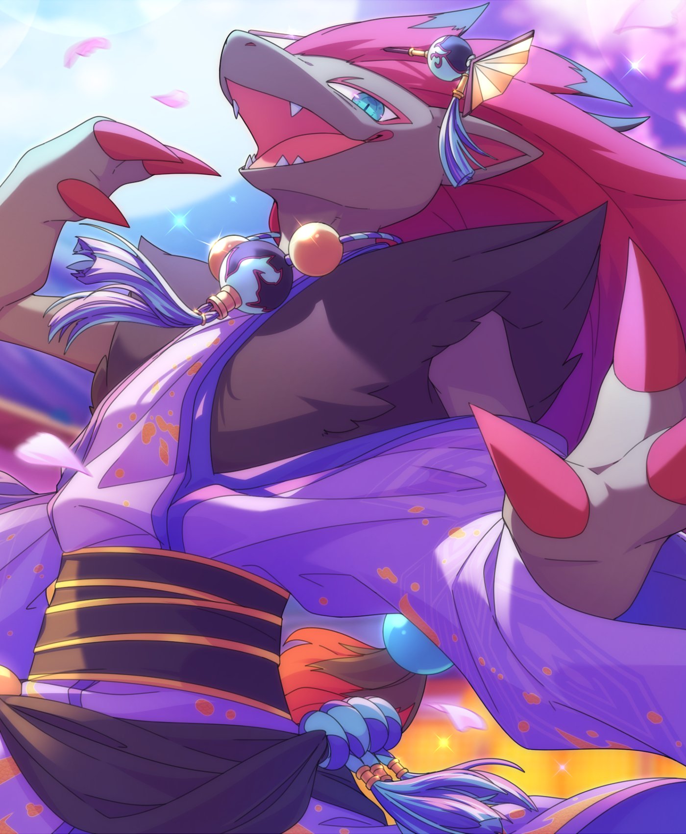 clothed_pokemon highres illusummer japanese_clothes looking_at_viewer no_humans official_alternate_costume open_mouth pokemon pokemon_(game) pokemon_unite purple_robe robe solo upper_body zoroark zoroark_(ghost)