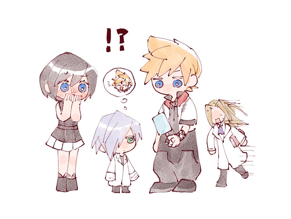 !? 1girl 3boys ascot baggy_pants belt black_collar black_footwear black_hair black_pants black_shirt blonde_hair blue_eyes blue_hair blush book bracelet chibi child closed_mouth collar collared_shirt covering_mouth cropped_jacket dot_mouth even_(kingdom_hearts) expressionless food green_eyes high_collar holding holding_book ice_cream ienzo jacket jewelry kingdom_hearts kingdom_hearts_iii lab_coat light_blue_hair long_bangs long_hair long_sleeves messy_hair multiple_boys nitoya_00630a no_nose pants parted_bangs purple_ascot ring roxas running shirt shoes short_hair skirt sleeveless smile spiky_hair sweatdrop thought_bubble ventus_(kingdom_hearts) very_long_sleeves watercolor_effect white_background white_jacket white_shirt white_skirt xion_(kingdom_hearts)