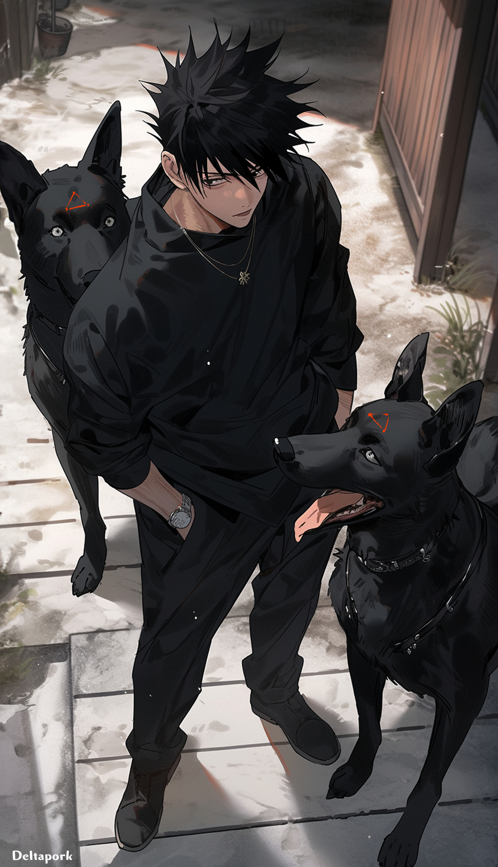 1boy ai-assisted animal black_dog black_eyes black_footwear black_hair black_jacket black_pants deltapork dog from_above full_body fushiguro_megumi hands_in_pockets highres jacket jewelry jujutsu_kaisen long_sleeves looking_to_the_side male_focus necklace pants shikigami short_hair solo standing tongue tongue_out triangle watch watch wooden_floor