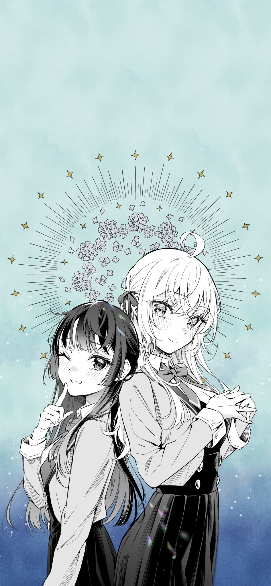 2girls :3 :d ahoge alisa_mikhailovna_kujou back blazer blue_background blush bow bowtie breasts buttons closed_mouth collared_jacket collared_shirt commentary_request cowboy_shot crossed_bangs dress dress_shirt finger_to_cheek from_side gradient_background greyscale hair_between_eyes hair_ornament hair_over_shoulder hair_ribbon head_tilt heads_together height_difference highres jacket large_breasts long_hair long_sleeves loose_bowtie loose_clothes loose_neck_ribbon medium_breasts monochrome multiple_girls neck_ribbon one_eye_closed open_mouth own_hands_clasped own_hands_together parted_bangs parted_lips pleated_dress pleated_sleeves ribbon school_uniform shirt sidelocks smile starry_background suou_yuki swept_bangs tenacitysaho tokidoki_bosotto_roshia-go_de_dereru_tonari_no_arya-san v-shaped_eyebrows very_long_hair