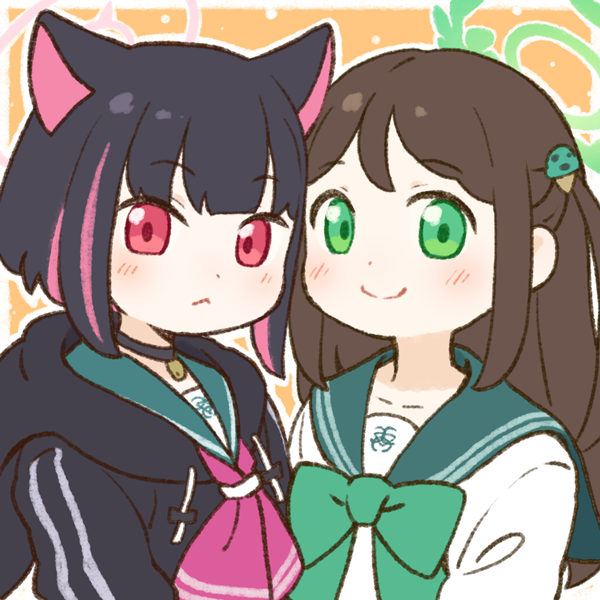 2girls airi_(blue_archive) animal_ears black_choker black_hair black_hoodie blue_archive blush bow brown_background brown_hair choker closed_mouth collarbone commentary_request drawstring food-themed_hair_ornament green_bow green_eyes green_sailor_collar hair_ornament halo hood hood_down hoodie ice_cream_hair_ornament kazusa_(blue_archive) long_hair looking_at_viewer multicolored_hair multiple_girls neckerchief one_side_up onyhakase outline pink_hair pink_neckerchief red_eyes sailor_collar school_uniform serafuku shirt smile streaked_hair two-tone_hair very_long_hair white_outline white_shirt