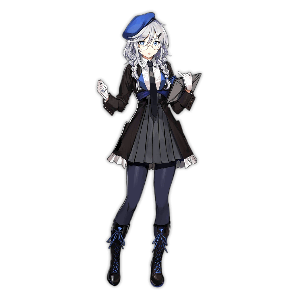 1girl beret black_footwear black_jacket black_necktie blue_eyes blue_headwear blue_pantyhose boots braid breasts clenched_hand cross-laced_footwear expressionless full_body girls_frontline glasses gloves grey_hair grey_skirt hair_ornament hairclip hat high-waist_skirt holding holding_tablet_pc infukun jacket knee_boots lace-up_boots long_sleeves necktie official_art pantyhose parted_lips pleated_skirt semi-rimless_eyewear shirt sier_(girls'_frontline) simple_background skirt solo standing tablet_pc transparent_background twin_braids white_gloves white_shirt