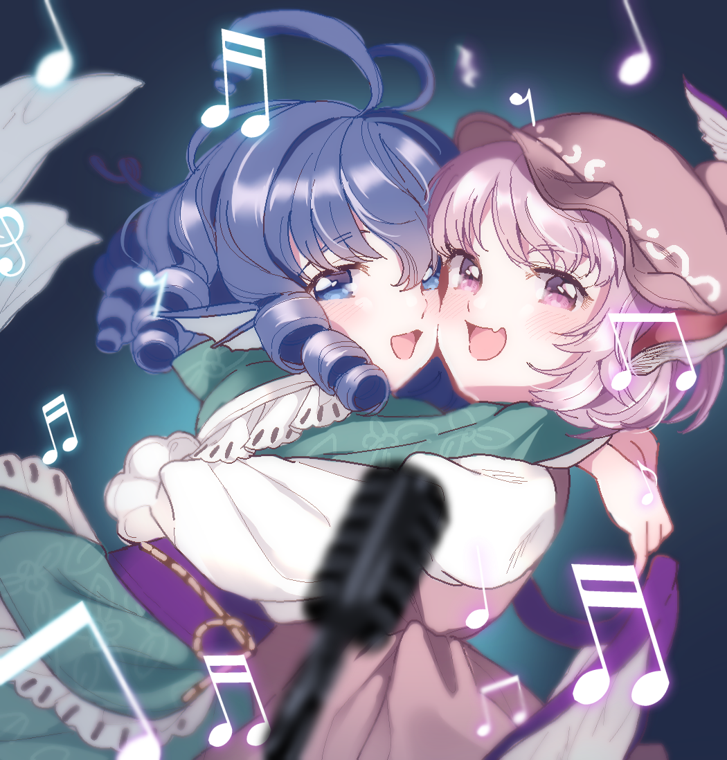 2girls animal_ears beamed_eighth_notes beamed_sixteenth_notes bird_ears bird_wings blue_eyes blue_hair blush brown_dress brown_headwear dress drill_hair eighth_note eighth_rest fang fins green_kimono hat head_fins japanese_clothes kimono long_sleeves mermaid microphone microphone_stand monster_girl multiple_girls musical_note mystia_lorelei obi open_mouth pink_eyes pink_hair quarter_note quarter_rest sash satomachi short_hair skin_fang smile touhou treble_clef wakasagihime white_wings wide_sleeves winged_hat wings