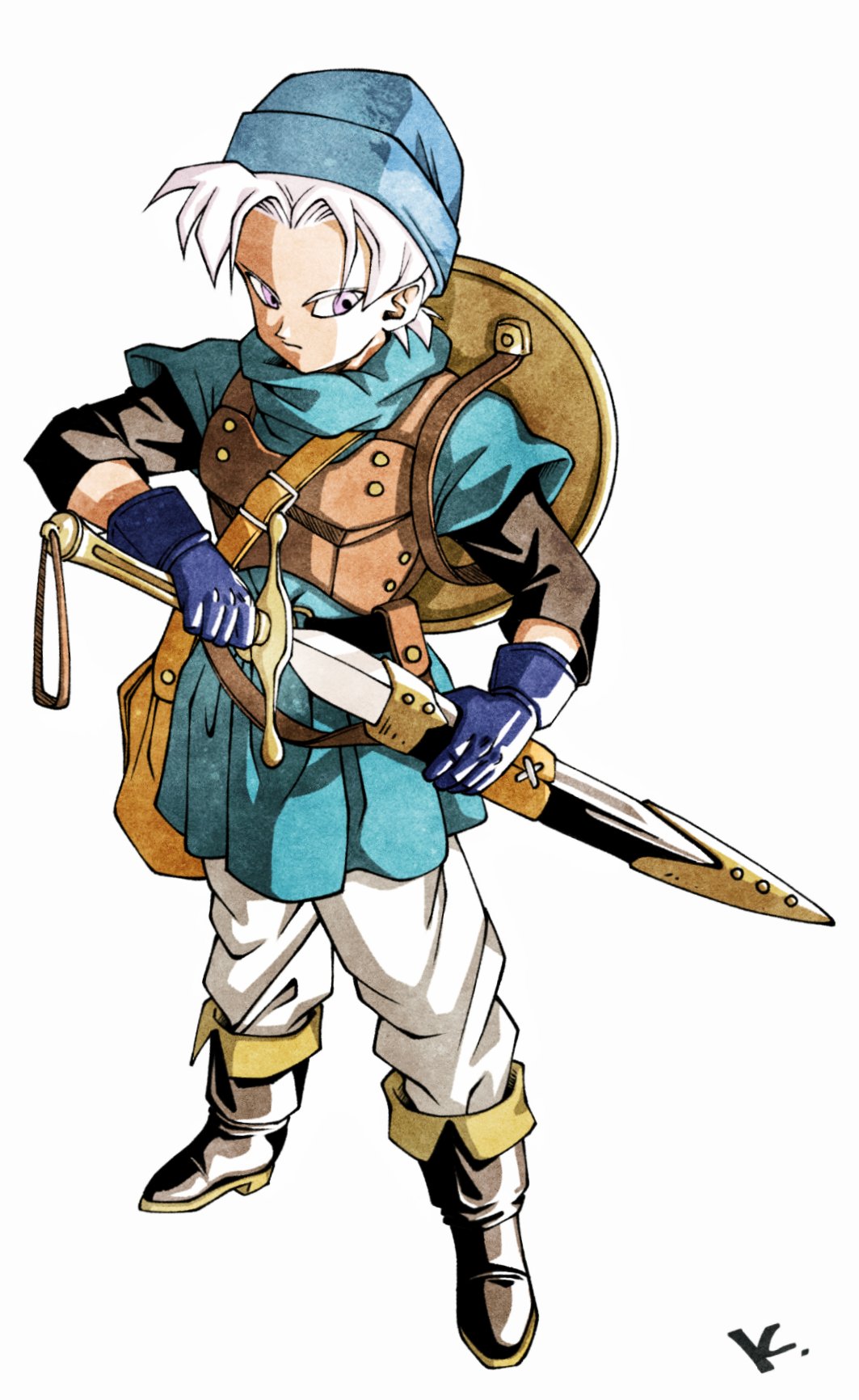 1boy bag black_undershirt blue_gloves blue_headwear blue_tunic boots brown_bag closed_mouth commentary dragon_quest dragon_quest_vi full_body gloves hat highres holding holding_sheath holding_sword holding_weapon kakeru_(dbskakeru) male_focus pants parted_bangs pink_eyes sheath shield shield_on_back short_sleeves shoulder_bag signature simple_background solo standing sword terry_(dq6) unsheathing weapon white_hair white_pants