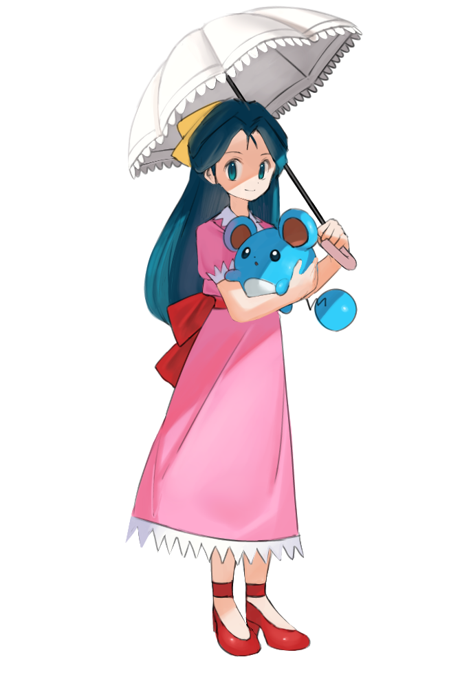 1girl character_request closed_mouth commentary dress full_body green_eyes green_hair hair_ribbon high_heels holding holding_pokemon holding_umbrella horezai long_hair looking_at_viewer marill parasol pink_dress pokemon pokemon_(creature) red_footwear ribbon short_sleeves smile standing transparent_background umbrella yellow_ribbon