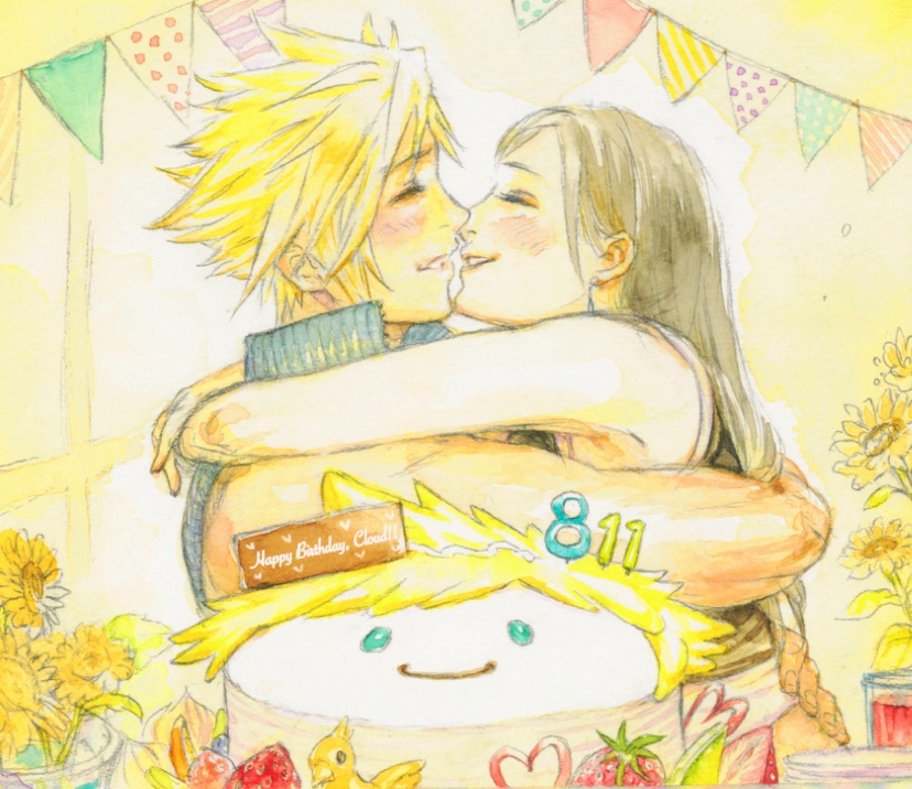 1boy 1girl bare_arms bare_shoulders birthday_cake black_hair black_vest blonde_hair blush cake chocobo closed_eyes cloud_strife commentary couple crop_top dated earrings final_fantasy final_fantasy_vii final_fantasy_vii_advent_children flower food from_side fruit happy_birthday hug indoors jewelry long_hair parted_lips popped_collar profile rakuct ribbed_shirt shirt short_hair single_earring smile spiky_hair strawberry sunflower tank_top tifa_lockhart traditional_media upper_body vest white_tank_top