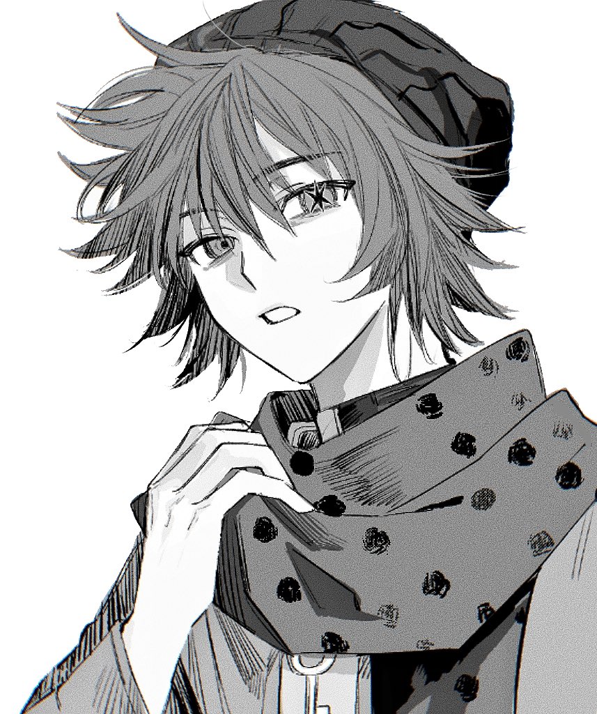 1boy adjusting_scarf beanie commentary greyscale hair_between_eyes hand_up hat hiyori_sou jacket key kimi_ga_shine long_sleeves looking_at_viewer male_focus mismatched_pupils monochrome oshi_no_ko parted_lips pipoabubu polka_dot polka_dot_scarf scarf short_hair simple_background solo star-shaped_pupils star_(symbol) symbol-only_commentary symbol-shaped_pupils upper_body white_background