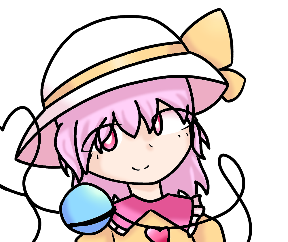 1girl bangs breasts bright_pupils collar cool_violet_976 heart_button komeiji_musume light_pink_hair looking_at_viewer medium_hair original personification pink_collar pink_eyes pink_hair small_breasts smile solo touhou white_background white_hat white_pupils yellow_ribbon yellow_shirt