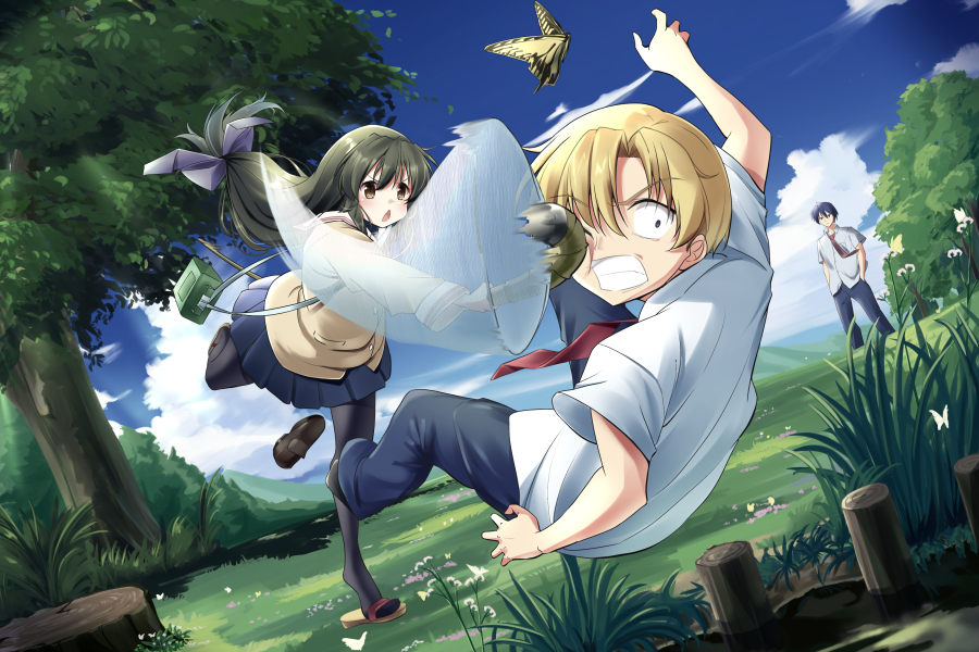 1girl 2boys black_pantyhose blonde_hair blue_hair blue_pants blue_skirt blue_sky blush bow brown_eyes bug butterfly butterfly_net chestnut_mouth clannad clenched_teeth clouds commentary_request day dutch_angle failure fighting_stance grass green_hair hair_between_eyes hair_bow hand_net hikarizaka_private_high_school_uniform hitting ibuki_fuuko jacket long_hair long_sleeves low-tied_long_hair midair miniskirt multiple_boys nature necktie okazaki_tomoya open_mouth outdoors pants pantyhose pleated_skirt purple_bow red_necktie sandals school_uniform shirt short_hair short_sleeves skirt sky standing standing_on_one_leg sunohara_youhei tagame_(tagamecat) teeth tree white_shirt wide-eyed wide_shot yellow_butterfly yellow_jacket