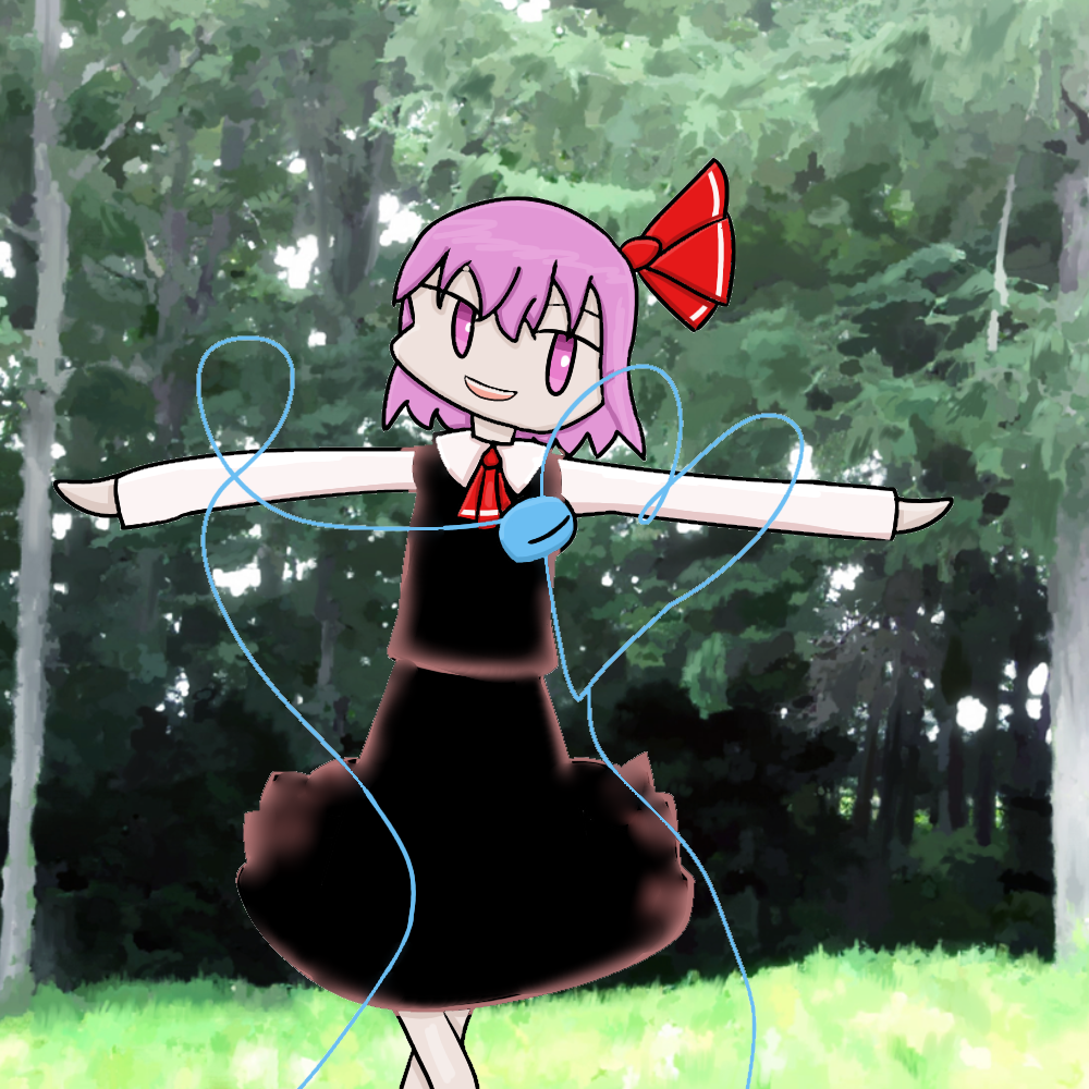 1girl background bangs black_shirt black_skirt breasts closed_eyes cool_violet_976 long_skirt no_ears no_hat no_nose no_pupils open_mouth original pink_eyes pink_hair red_ascot rumia rumia_(cosplay) short_hair small_breasts solo t-pose teeth touhou white_ascot white_sleeves