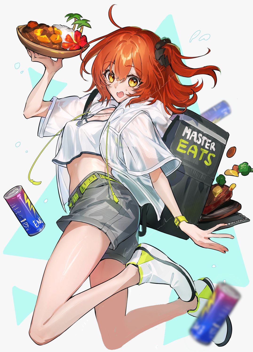 1girl ahoge arm_at_side backpack bag bare_legs belt black_bag black_scrunchie blurry bowl brand_name_imitation broccoli can carrot crop_top curry curry_rice depth_of_field drawstring energy_drink english_text facing_viewer fate/grand_order fate_(series) flower food food_delivery_box fujimaru_ritsuka_(female) fujimaru_ritsuka_(female)_(summer_street) full_body galibo green_belt grey_background grey_shorts hair_ornament hair_scrunchie hand_up highres holding holding_bowl holding_food jacket jewelry jumping light_blush looking_down meat medium_hair open_mouth orange_hair palm_tree pendant red_flower rice scrunchie see-through see-through_jacket shiny_skin shoes short_sleeves shorts side_ponytail signature simple_background sneakers solo steak sweat tank_top tree uber_eats watch watch white_footwear white_jacket white_tank_top yellow_eyes