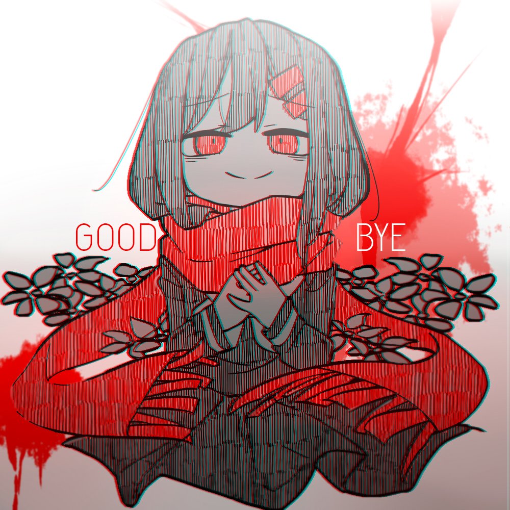 1girl additional_memory_(vocaloid) ambiguous_red_liquid bags_under_eyes chromatic_aberration closed_mouth colored_text commentary cowboy_shot cropped_legs double-parted_bangs eints01 empty_eyes english_commentary enpera false_smile floating_scarf flower fringe_trim goodbye gradient_background grey_background hair_ornament hairclip kagerou_project long_hair long_scarf long_sleeves looking_at_viewer neckerchief own_hands_together partially_colored pleated_skirt red_scarf sailor_collar scarf school_uniform serafuku single_stripe skirt sleeve_cuffs smile solo splatter_background striped tateyama_ayano white_background