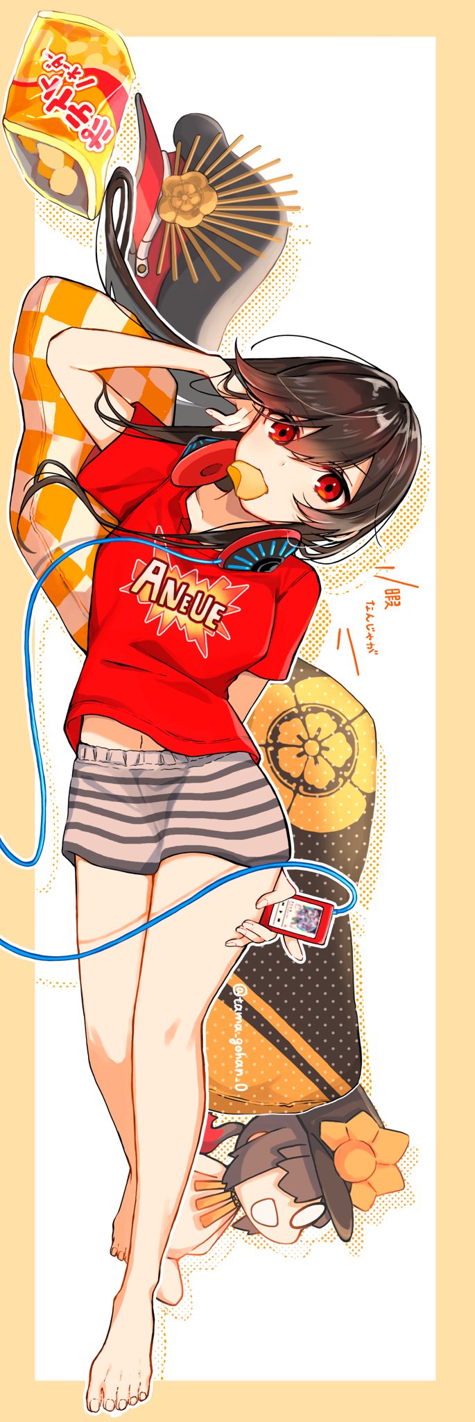 bag_of_chips buster_shirt chips_(food) family_crest fate/grand_order fate_(series) food food_in_mouth hair_between_eyes hat headphones headphones_around_neck hi_(wshw5728) highres leaning_to_the_side military_hat mini_nobu_(fate) oda_nobunaga_(fate) oda_nobunaga_(swimsuit_berserker)_(fate) oda_uri peaked_cap pillow potato_chips skirt striped striped_skirt