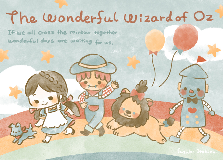 1girl 3boys animal artist_name blue_dress blue_headwear bow braid brown_hair clouds copyright_name cowardly_lion dog dorothy_gale dress english_text lion multiple_boys overalls rainbow red_bow scarecrow_(twooz) short_hair star_(symbol) stitched_mouth stitches suzuki_itokichi the_wizard_of_oz tin_man toto_(twooz)