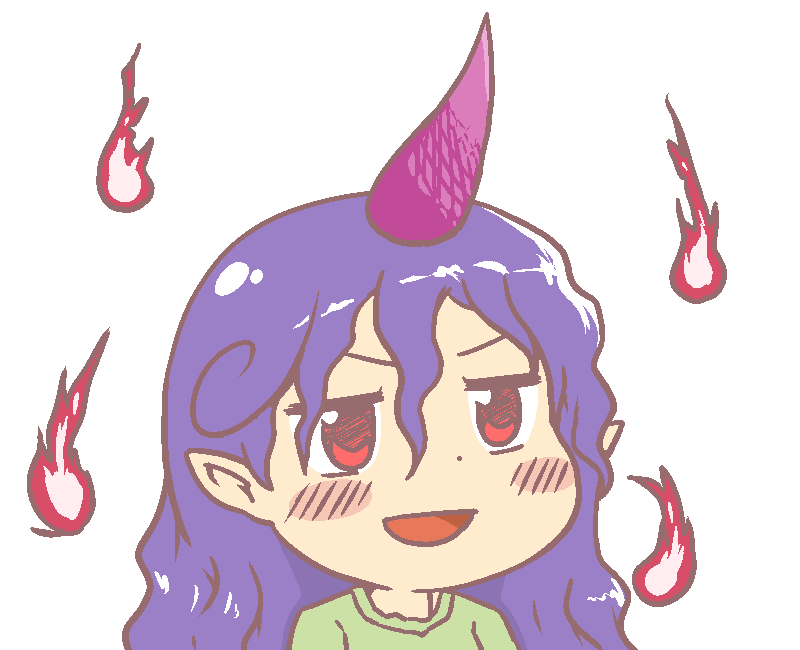 1girl blush green_shirt gyate_gyate horns ikiyouz jaggy_lines long_hair open_mouth pointy_ears portrait purple_hair purple_horns red_eyes shirt single_horn solo tenkajin_chiyari touhou transparent_background unfinished_dream_of_all_living_ghost