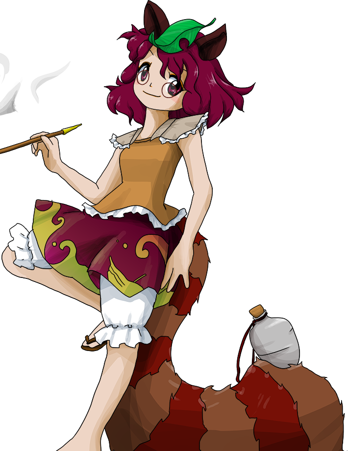 1girl animal_ears blush_stickers brown_eyes brown_hair brown_shirt brown_skirt closed_mouth futatsuiwa_mamizou glasses holding holding_smoking_pipe leaf leaf_on_head non-web_source official_art raccoon_ears raccoon_tail round_eyewear shirt short_hair skirt smile smoking_pipe solo tail touhou transparent_background unfinished_dream_of_all_living_ghost zun_(artist)