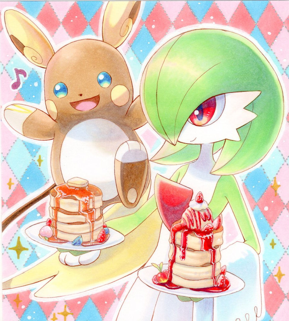 1girl alolan_raichu argyle argyle_background arms_up berry_(pokemon) blue_eyes blueberry blush_stickers bob_cut butter closed_mouth colored_skin commentary_request cream dessert flat_chest food fruit gardevoir green_skin hair_over_one_eye hands_up happy holding holding_food holding_plate ice_cream jam leg_up leppa_berry looking_to_the_side multicolored_background multicolored_eyes multicolored_skin musical_note one_eye_covered open_mouth outline pancake pancake_stack partial_commentary pawpads pecha_berry plate pokemon pokemon_(creature) red_eyes redhead short_hair sideways_mouth smile sparkle standing standing_on_one_leg strawberry syrup towel_on_arm traditional_media two-tone_skin upper_body white_outline white_skin yellow_eyes yuka_(yukaaaaaaa0705)