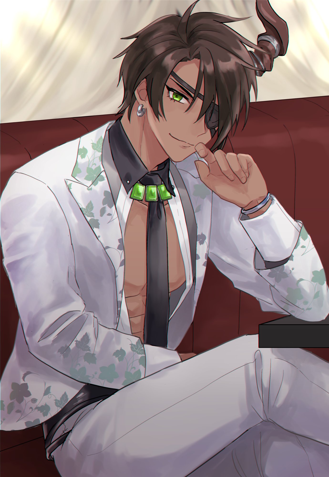 1boy abs aragami_oga belt black_belt black_hair black_necktie bracelet couch crossed_legs curtains dark-skinned_male dark_skin detached_collar earrings elbow_rest eyepatch floral_print gem green_eyes green_gemstone grey_shirt hair_over_one_eye hand_to_own_mouth highres holostars horn_ornament horns indoors jacket jewelry lapels looking_at_viewer male_focus mioto_(tsubsq_m) necktie notched_lapels official_alternate_costume open_clothes open_jacket open_shirt pants pectoral_cleavage pectorals shirt short_hair single_horn sitting smile solo suit suit_jacket table toned toned_male virtual_youtuber white_jacket white_pants white_suit