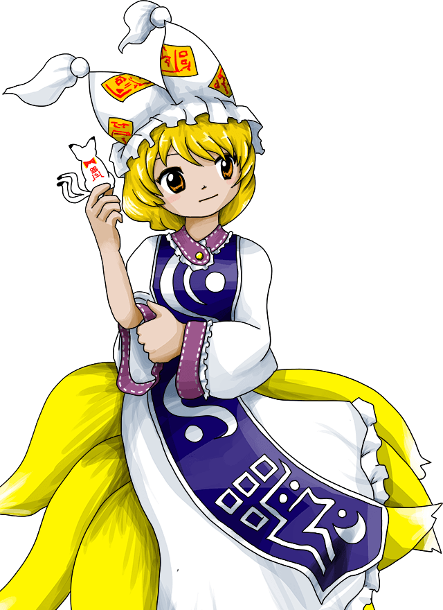 1girl animal_ears blonde_hair closed_mouth dress fox_ears fox_tail hat holding long_sleeves mob_cap multiple_tails official_art shikigami short_hair solo tabard tail touhou unfinished_dream_of_all_living_ghost white_dress white_headwear yakumo_ran yellow_eyes zun_(artist)