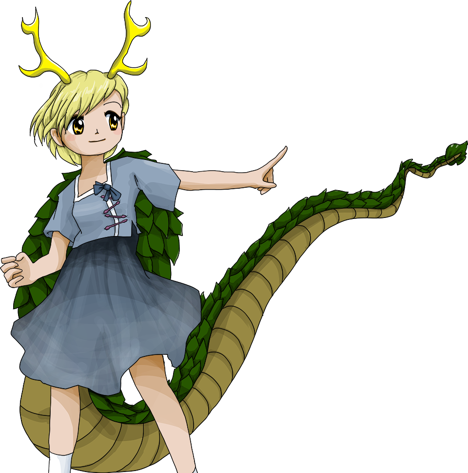 1girl blonde_hair blue_shirt blush_stickers closed_mouth dragon_horns dragon_tail grey_skirt horns kicchou_yachie non-web_source official_art shirt short_hair skirt smile socks solo tail touhou transparent_background turtle_shell unfinished_dream_of_all_living_ghost white_socks yellow_eyes yellow_horns zun_(artist)