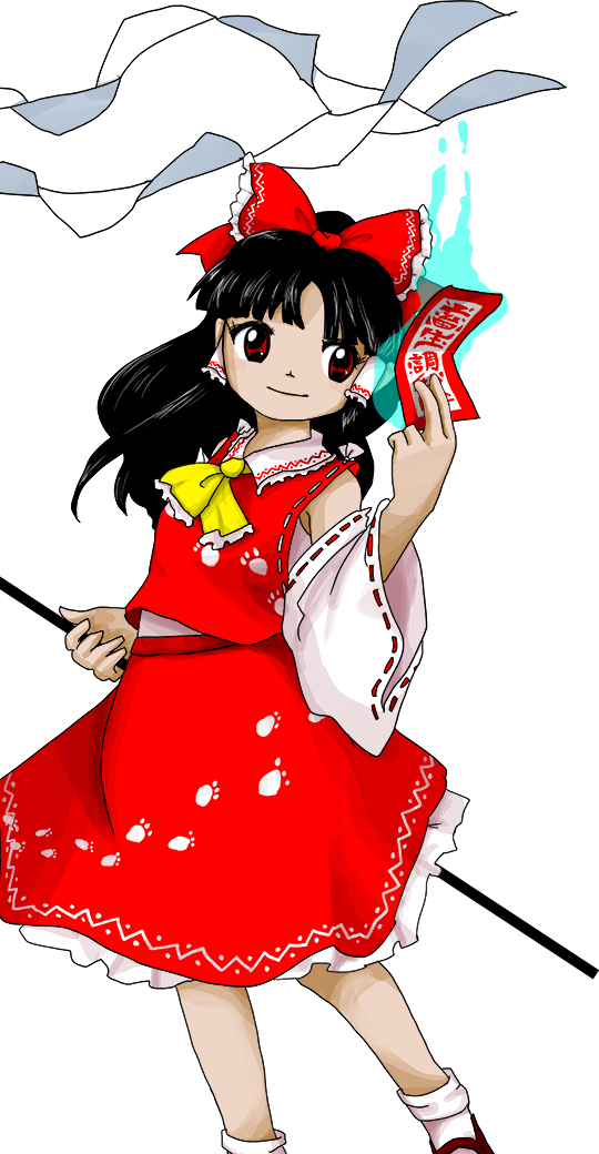 1girl ascot black_hair blush_stickers bow closed_mouth gohei hair_bow hakurei_reimu holding holding_gohei japanese_clothes long_hair non-web_source nontraditional_miko official_art ofuda paw_print red_bow red_eyes red_skirt skirt smile socks solo touhou transparent_background unfinished_dream_of_all_living_ghost white_socks yellow_ascot zun_(artist)
