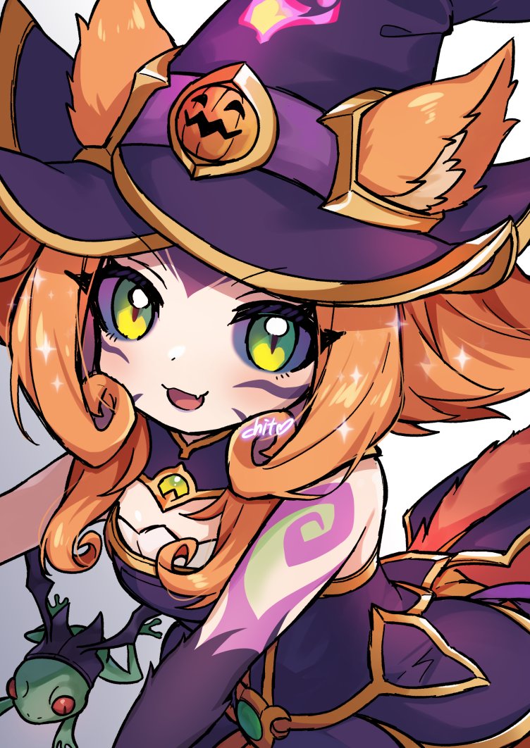 1girl :d animal animal_ears bare_shoulders bewitching_neeko black_dress blonde_hair cat_ears cat_tail colored_sclera dokumi dress ears_through_headwear fang frog green_eyes hat league_of_legends long_hair neeko_(league_of_legends) open_mouth purple_sclera smile solo tail white_background witch_hat