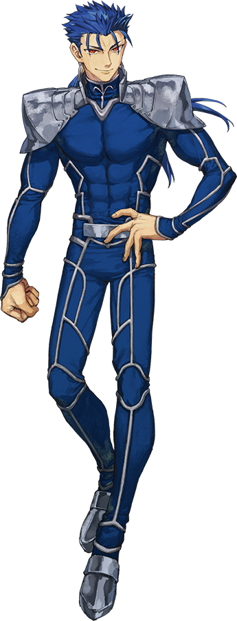1boy blue_bodysuit blue_hair bodysuit closed_mouth cu_chulainn_(fate) cu_chulainn_(fate/stay_night) earrings fate/samurai_remnant fate/stay_night fate_(series) hair_strand hand_on_own_hip jewelry long_hair looking_at_viewer male_focus official_art ponytail red_eyes smile solo spiky_hair transparent_background wataru_rei