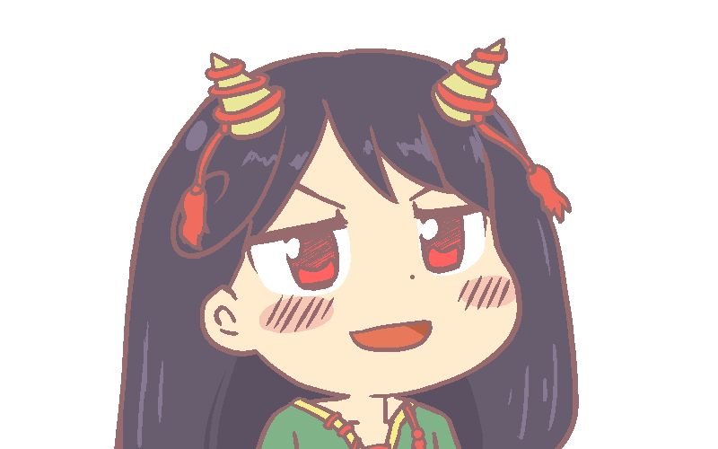 1girl black_hair blush green_shirt gyate_gyate horns ikiyouz jaggy_lines long_hair nippaku_zanmu oni_horns open_mouth portrait red_eyes shirt smile solo touhou transparent_background unfinished_dream_of_all_living_ghost