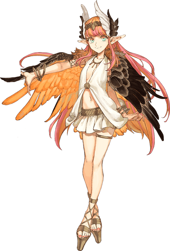 1girl armlet bracelet breasts brown_wings circe_(fate) circlet cross-laced_sandals dress fate/grand_order fate/samurai_remnant fate_(series) feathered_wings head_wings jewelry long_hair looking_at_viewer multicolored_eyes navel necklace official_art pink_hair pointy_ears skirt small_breasts smile solo thighlet transparent_background wataru_rei wings