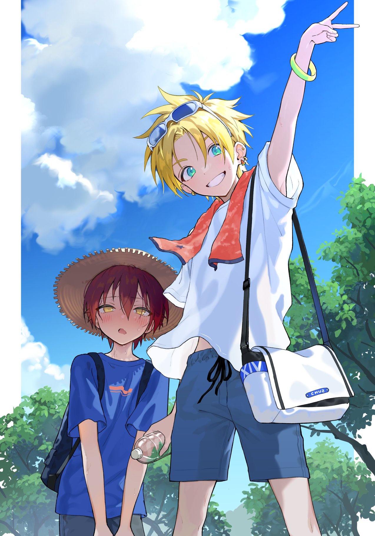 2boys arm_up backpack bag black_shorts blonde_hair blue_shirt blue_shorts blue_sky blush bottle clouds commentary day ear_piercing eyewear_on_head grin hat highres holding holding_bottle hot looking_at_viewer male_focus multiple_boys open_mouth original outdoors piercing pillow_(nutsfool) redhead shirt short_sleeves shorts sky smile spiky_hair sunglasses sweat symbol-only_commentary towel towel_around_neck tree v water_bottle white_shirt yellow_eyes
