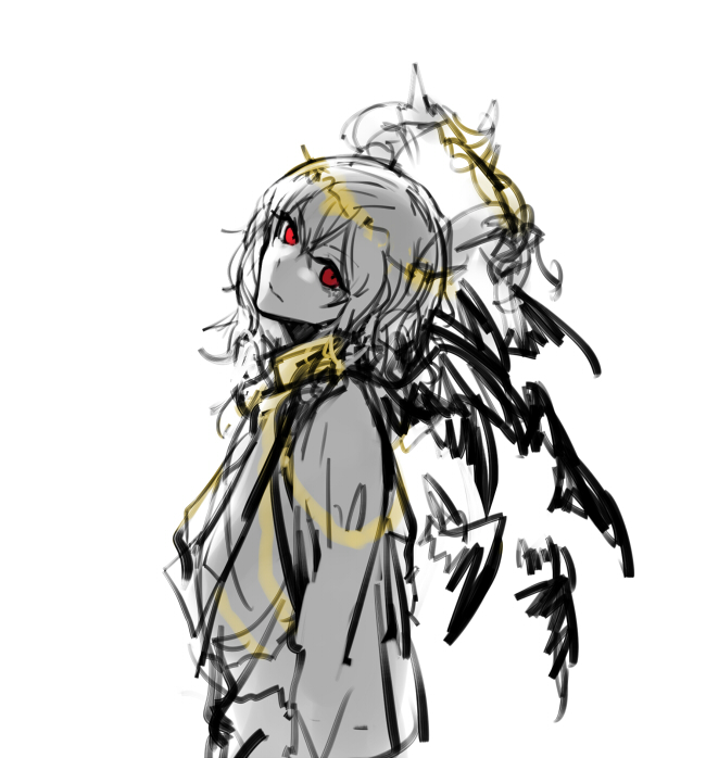 1boy black_wings closed_mouth crown_of_thorns halo head_tilt horns jewelry lobotomy_corporation looking_at_viewer multiple_wings necklace nishikujic otoko_no_ko personification project_moon red_eyes seraph simple_background solo upper_body white_background white_tunic whitenight_(lobotomy_corporation) wings