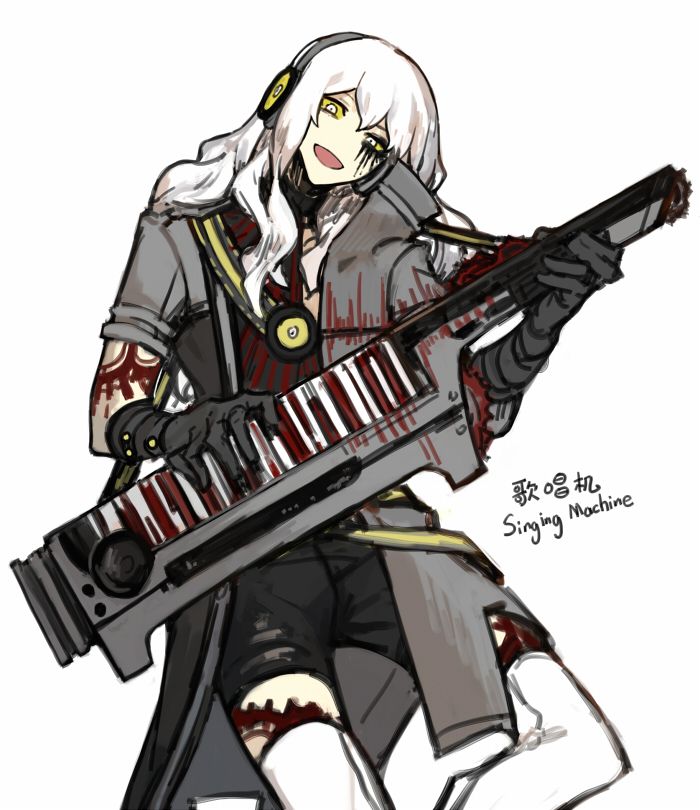 1boy audio_visualizer black_gloves black_shorts character_name coat colored_sclera gloves grey_coat headphones instrument keytar lobotomy_corporation long_hair nishikujic open_mouth personification project_moon shorts simple_background singing_machine smile solo tattoo thigh-highs very_long_hair white_background white_eyes white_thighhighs yellow_sclera