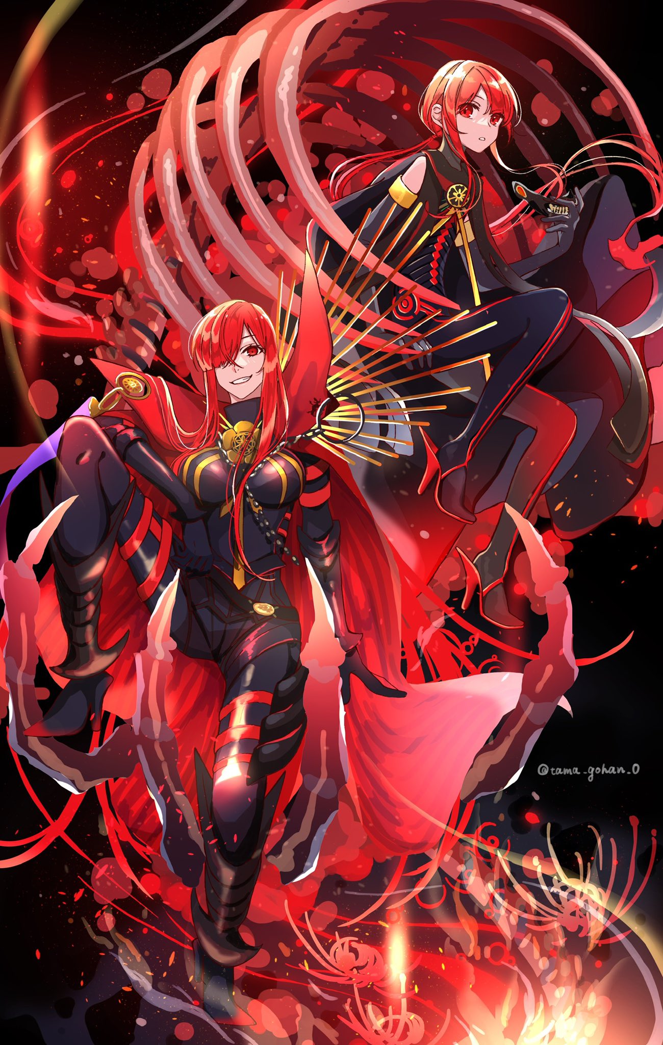 1boy 1girl armored_boots black_background black_bodysuit bodysuit boots brother_and_sister cape chain collared_cape detached_sleeves facing_viewer family_crest flower hair_over_one_eye hi_(wshw5728) highres low_ponytail medallion oda_nobukatsu_(fate) oda_nobunaga_(fate) oda_nobunaga_(maou_avenger)_(fate) oda_uri otoko_no_ko ponytail popped_collar red_cape red_eyes red_theme redhead siblings sidelocks spider_lily tight_top twitter_username