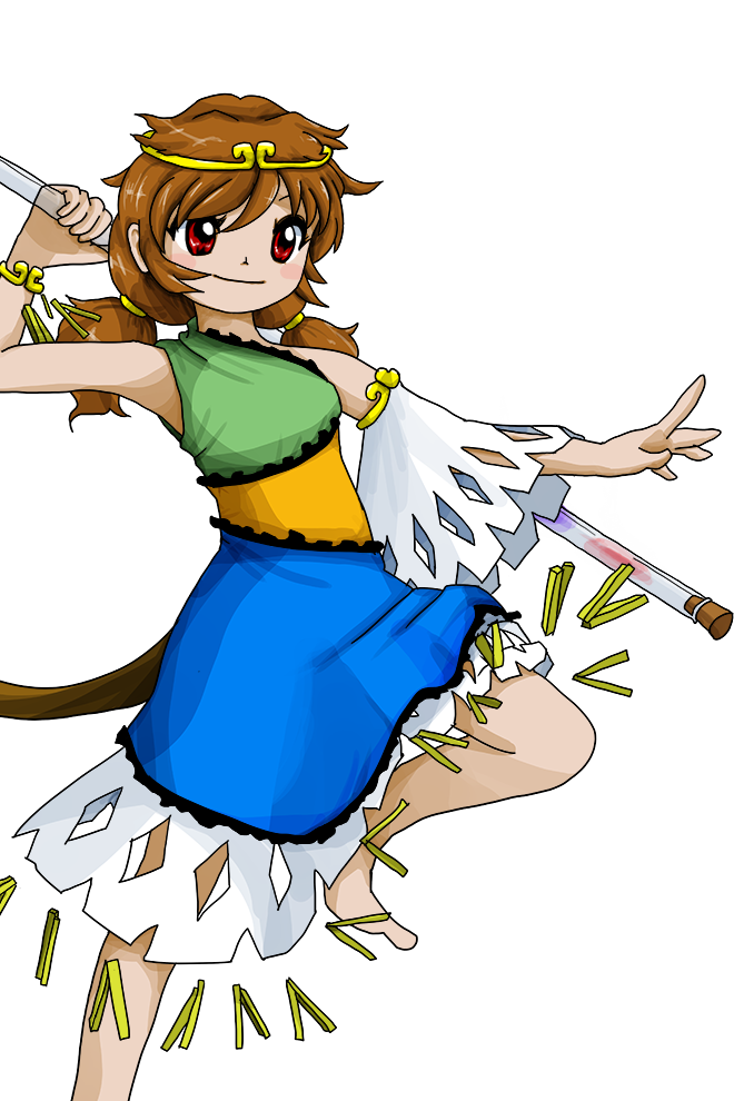 1girl barefoot blue_dress blush_stickers brown_hair closed_mouth detached_sleeves dress green_dress holding long_hair low_twintails monkey_tail multicolored_clothes multicolored_dress non-web_source official_art orange_dress red_eyes single_detached_sleeve smile solo son_biten tail test_tube touhou transparent_background twintails unfinished_dream_of_all_living_ghost white_sleeves zun_(artist)