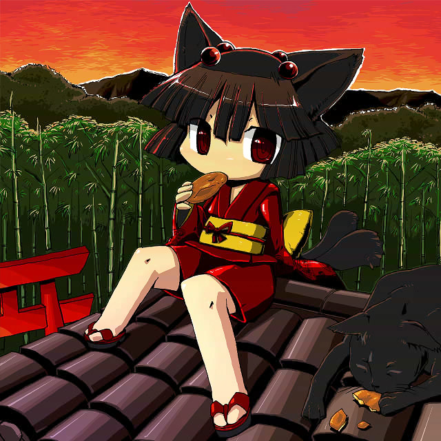 1girl animal_ears bamboo bamboo_forest black_cat brown_hair cat cat_ears cat_girl cat_tail commentary_request eating forest hair_bobbles hair_ornament japanese_clothes kawachi_yamato long_sleeves multiple_tails nature obi on_roof original red_eyes red_footwear red_shirt red_shorts sandals sash shirt short_hair shorts sitting solo sunset tail torii two_tails