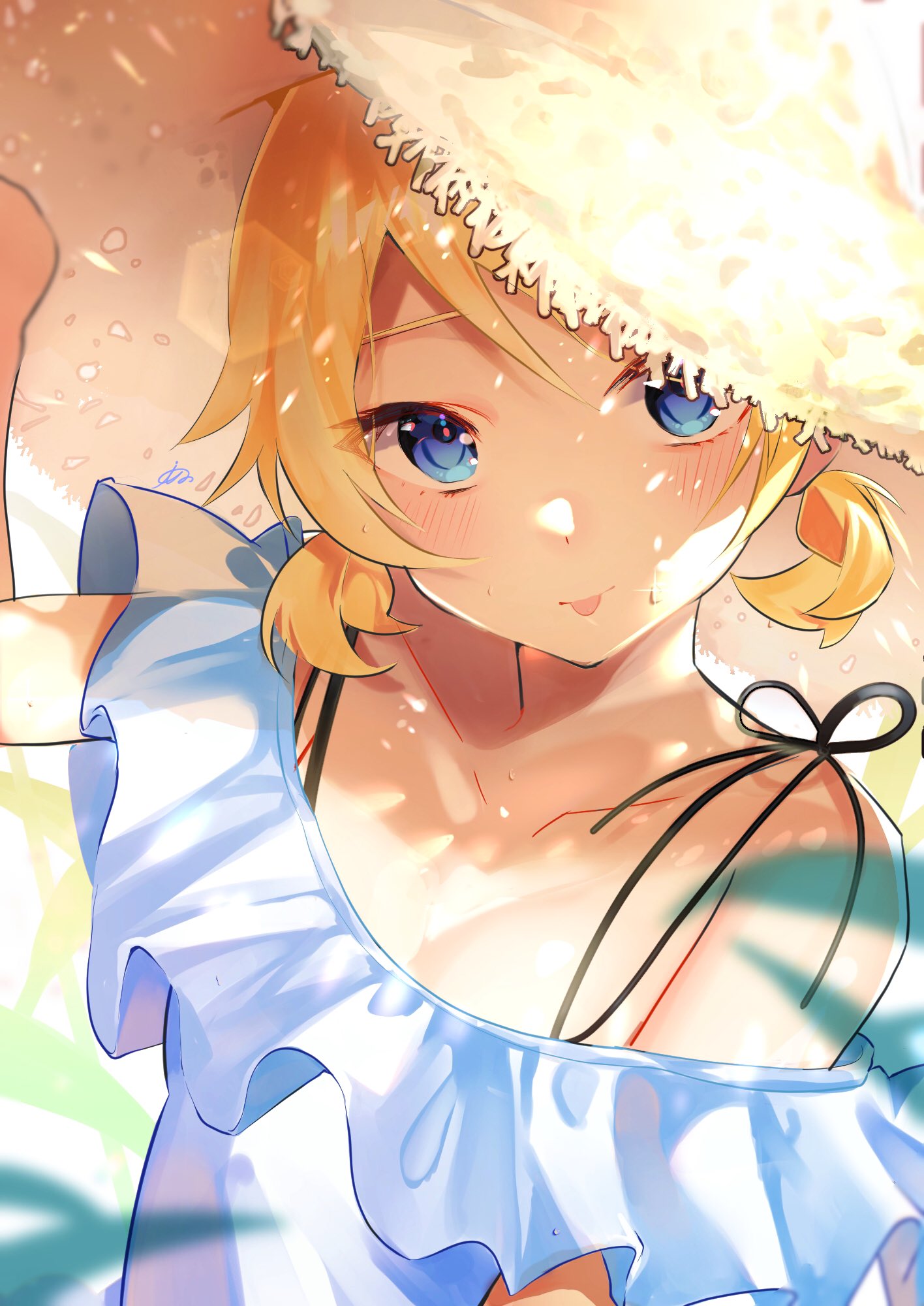 1girl bare_arms bare_shoulders blonde_hair blue_eyes blurry breasts collarbone depth_of_field dress flat_chest frilled_dress frills hand_on_headwear hat highres inuyama_(1109) kagamine_rin leaf lens_flare light_blush looking_at_viewer low_twintails short_hair short_twintails small_breasts solo spaghetti_strap straw_hat sun_hat sundress sweatdrop tongue tongue_out twintails vocaloid white_dress