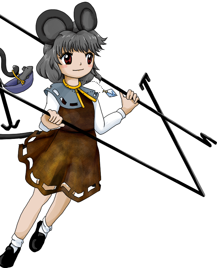 1girl animal animal_ears black_footwear blush_stickers brown_dress capelet closed_mouth dowsing_rod dress grey_capelet grey_hair jewelry long_sleeves mouse mouse_ears mouse_tail nazrin non-web_source official_art pendant red_eyes shirt shoes short_hair smile socks solo tail touhou transparent_background unfinished_dream_of_all_living_ghost white_shirt white_socks zun_(artist)