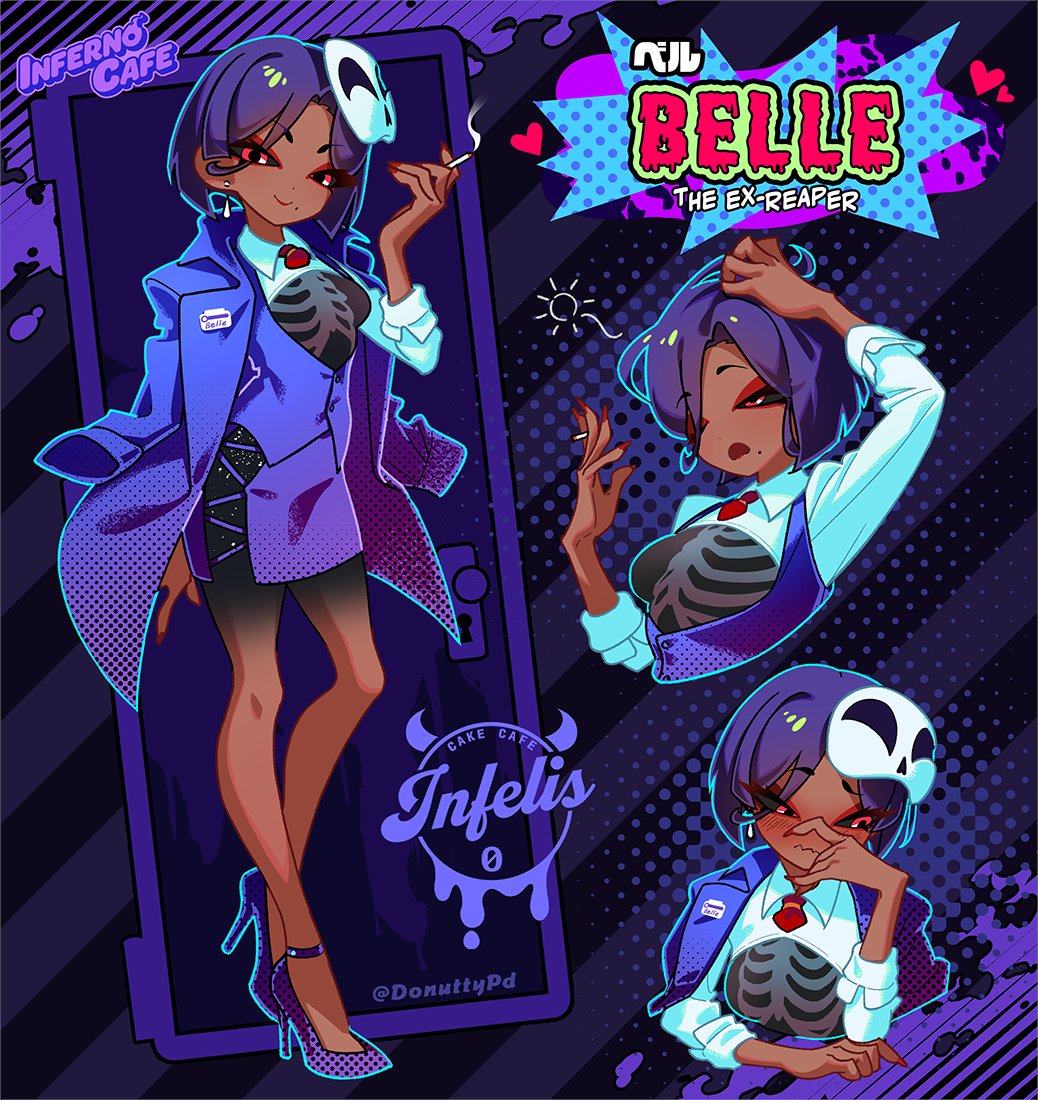 1girl arm_up belle_(inferno_cafe) black_sclera blush breasts buttons character_name cigarette closed_mouth coat coat_on_shoulders colored_sclera dark_skin donuttypd door doorknob dots earrings eyeshadow half-closed_eye hand_on_own_head hand_up hands_up heart high_heels holding holding_cigarette inferno_cafe jewelry keyhole long_sleeves looking_at_viewer looking_down looking_up makeup mask mask_on_head medium_breasts mole mole_under_mouth monster_girl nail_polish name_tag necktie no_pants no_socks one_eye_closed open_clothes open_coat open_mouth polka_dot purple_background purple_coat purple_footwear purple_hair purple_skirt red_eyes red_eyeshadow red_nails red_necktie ribs short_hair single_earring skirt smile smoke striped striped_background