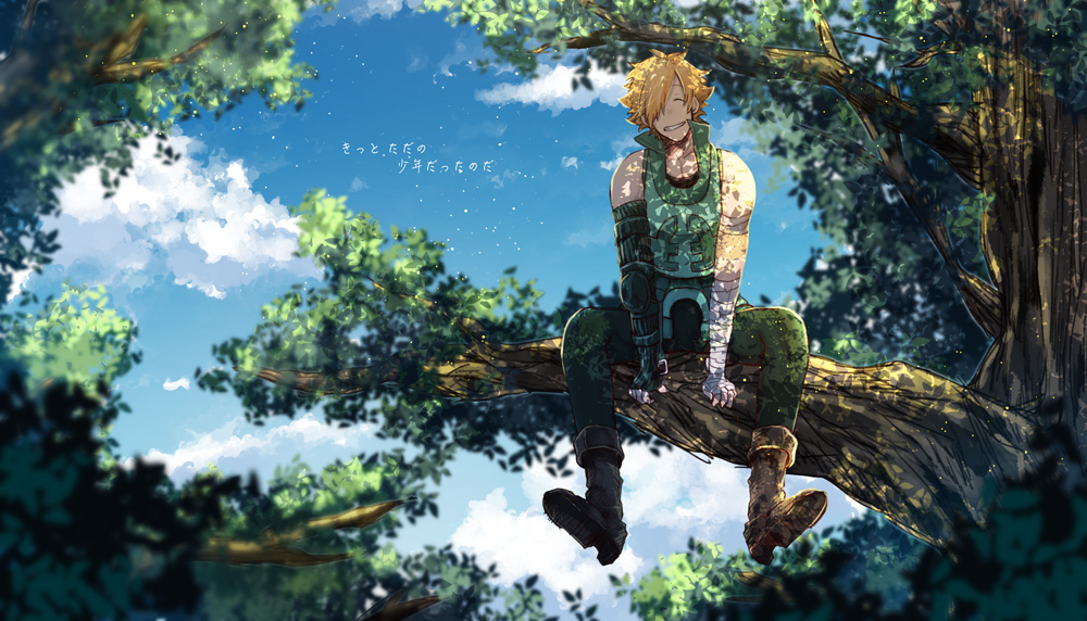 1boy bandaged_arm bandages blue_sky brown_footwear closed_eyes collarbone dappled_sunlight fate/extra fate_(series) forest full_body green_pants green_shirt in_tree macha@meshi male_focus nature orange_hair pants robin_hood_(fate) shirt short_hair sitting sitting_in_tree sky solo sunlight translation_request tree