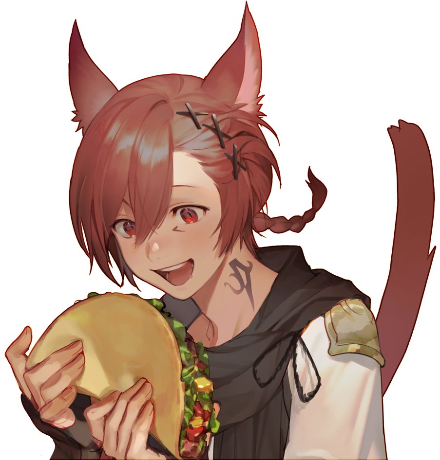 1boy :d animal_ears black_scarf braid braided_ponytail cat_boy cat_ears cat_tail excited facial_mark ffxivys final_fantasy final_fantasy_xiv food from_side g'raha_tia hair_between_eyes hair_ornament hands_up holding holding_food looking_at_food low_ponytail male_focus miqo'te neck_tattoo open_mouth red_eyes redhead scarf short_hair simple_background single_braid slit_pupils smile solo swept_bangs taco tail tail_raised tattoo upper_body white_background x_hair_ornament
