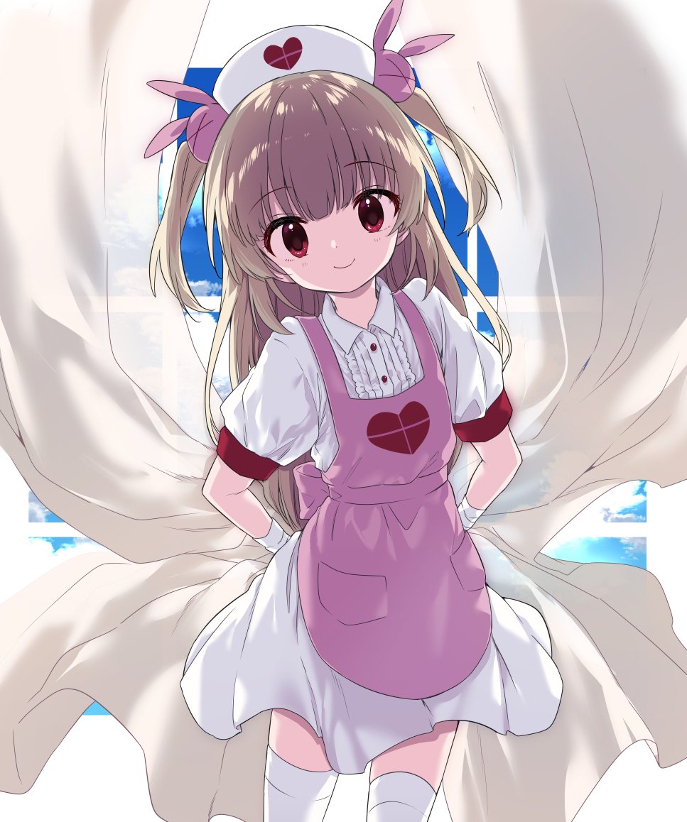 &gt;_&lt; 1girl apron arms_behind_back bandaged_wrist bandages blue_sky center_frills closed_mouth collared_dress cowboy_shot curtain_grab curtains dress frills hair_ornament hat heart heart_print light_brown_hair long_hair looking_at_viewer natori_sana nogiwa_kaede nurse_cap pink_apron pocket puffy_short_sleeves puffy_sleeves rabbit_hair_ornament red_eyes sana_channel short_sleeves sky smile solo standing thigh-highs two_side_up virtual_youtuber white_dress white_thighhighs window