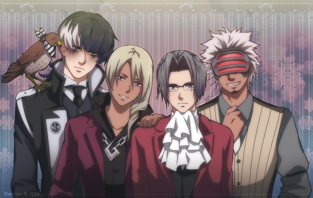 4boys ace_attorney adjusting_clothes adjusting_necktie animal arms_at_sides ascot bird black_eyeshadow black_hair black_jacket black_necktie black_shirt black_vest blonde_hair blue_eyes buttons chain_necklace closed_mouth collared_jacket collared_shirt dark-skinned_male dark_skin eyeshadow facial_hair frown glasses godot_(ace_attorney) grey_eyes grey_hair grey_shirt grin hair_between_eyes hair_intakes hand_on_another's_shoulder hawk head-mounted_display head_tilt high_collar jacket jewelry klavier_gavin kuromai lapels leaning_to_the_side looking_at_viewer makeup male_focus medium_hair miles_edgeworth multicolored_hair multiple_boys necklace necktie open_clothes open_collar open_jacket pinstripe_pattern pinstripe_vest red_jacket shirt short_hair simon_blackquill smile snowflakes spiky_hair striped suit_jacket taka_(ace_attorney) two-tone_hair upper_body vest watermark white_ascot white_hair white_necktie yellow_vest