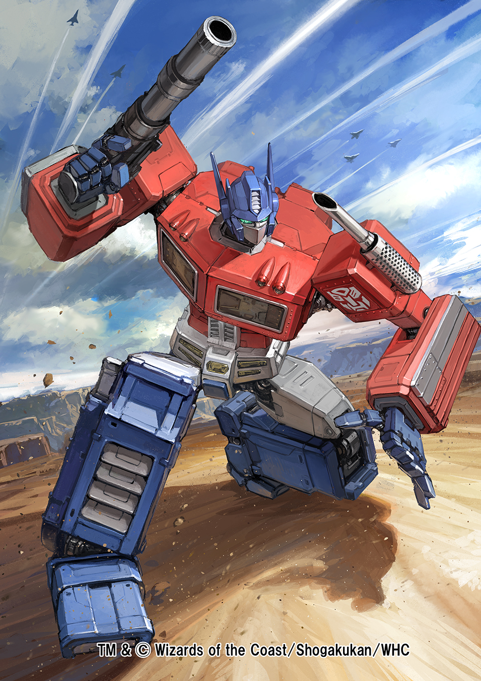 aircraft airplane autobot blue_eyes clouds contrail desert duel_masters fighter_jet gun highres holding holding_gun holding_weapon jet mecha military_vehicle no_humans official_art on_one_knee optimus_prime robot rock shadow sky solo takayama_toshiaki transformers weapon