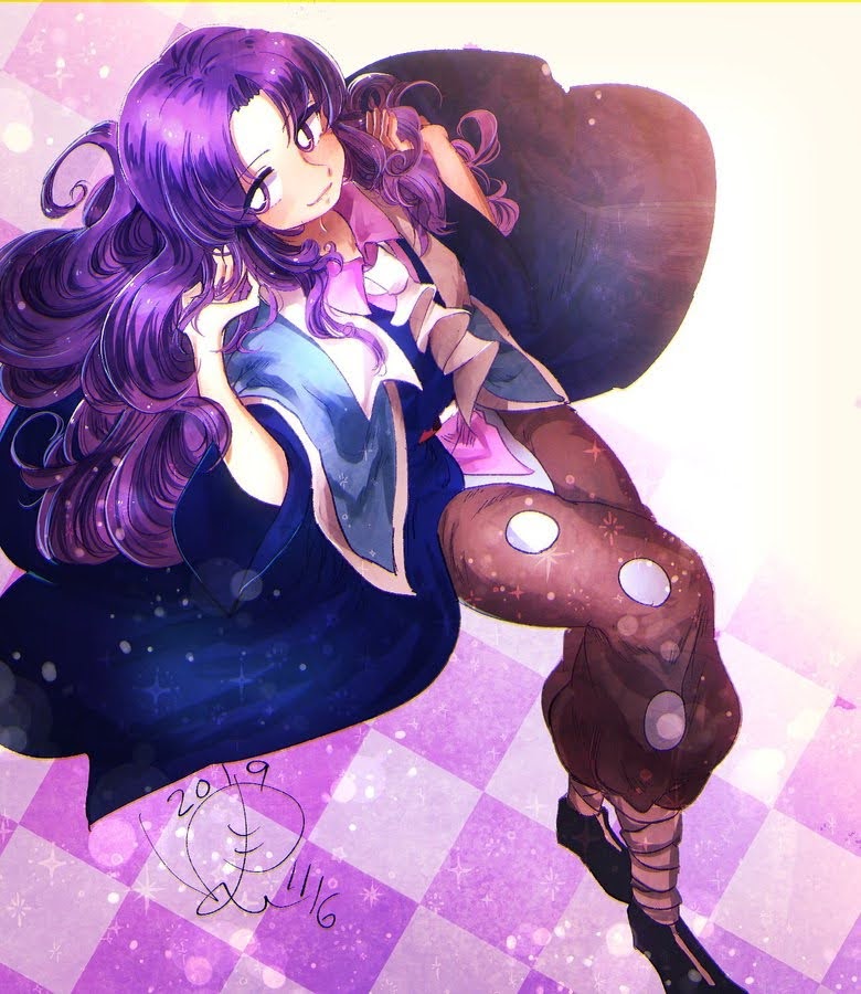 1other androgynous ascot bad_id bad_pixiv_id bandaged_leg bandages black_footwear blue_capelet blue_robe brown_pants capelet checkered_background clause closed_mouth collared_shirt dated full_body hands_in_hair len'en long_hair long_sleeves looking_at_viewer open_clothes open_robe pants parted_bangs pink_shirt puffy_pants purple_background purple_hair robe shirt shoes signature smile violet_eyes wavy_hair white_ascot white_trim wide_sleeves yukkyon_kyon