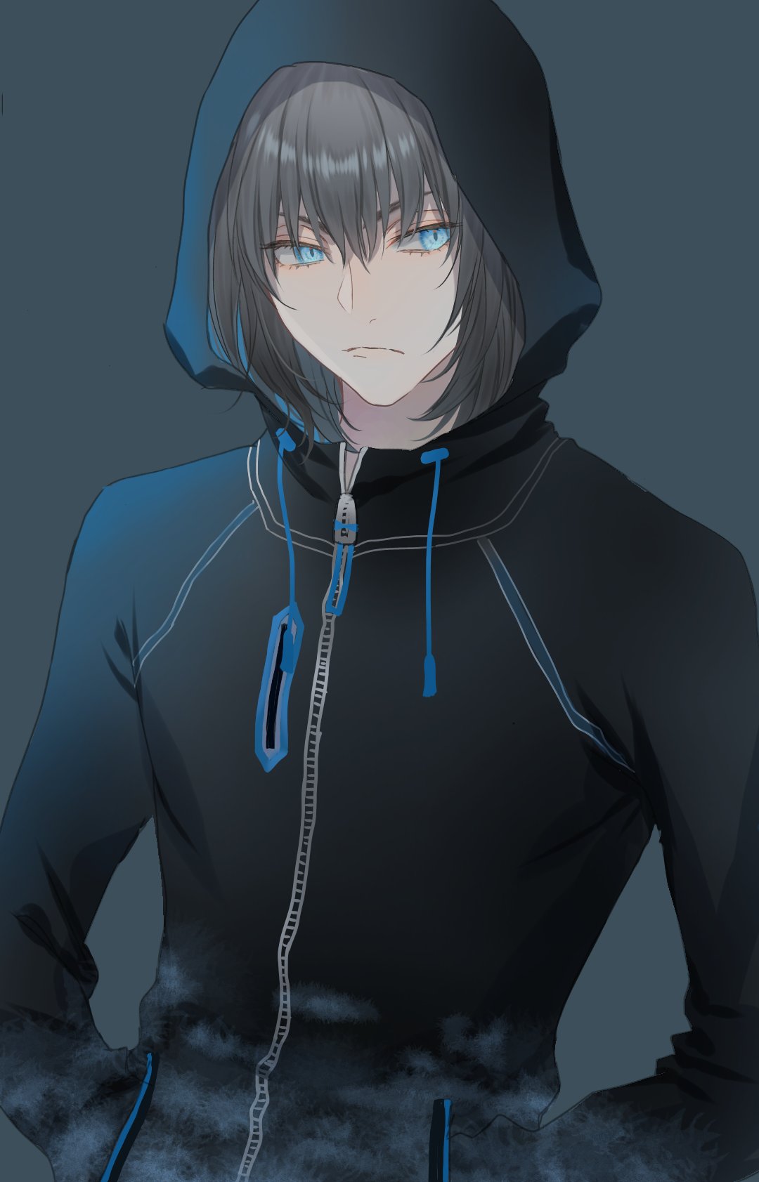 1boy black_background black_hair black_hood blue_eyes fate/grand_order fate_(series) gradient_background hair_between_eyes hand_in_pocket highres hj0wisteria hood long_sleeves male_focus oberon_(fate) oberon_(third_ascension)_(fate) short_hair sidelocks simple_background solo standing upper_body zipper