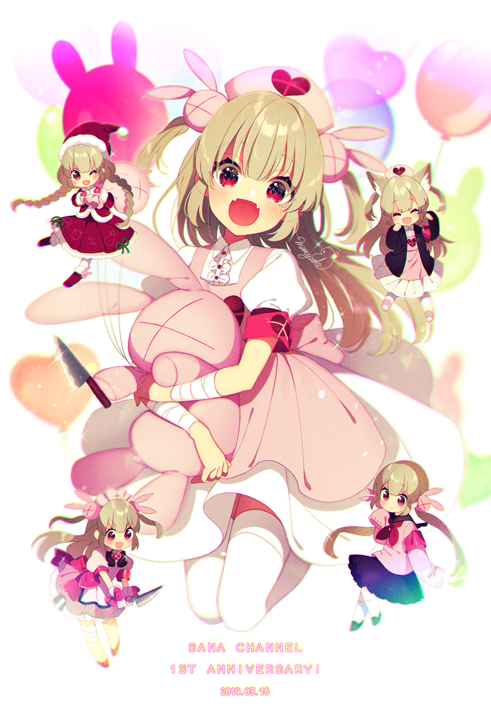 &gt;_&lt; 5girls animal_ears anniversary apron armband balloon bandaged_wrist bandages black_jacket black_skirt blonde_hair blush boots braid cat_ears center_frills chibi collared_dress commentary_request copyright_name dress fang frills hair_ornament hand_up hat heart heart_balloon heart_print highres holding holding_knife holding_sack holding_stuffed_toy jacket kemonomimi_mode knife long_hair looking_at_viewer low_twintails mamyouda mini_person minigirl multiple_girls natori_sana nurse_cap official_alternate_costume one_eye_closed open_clothes open_jacket open_mouth paw_pose pink_apron pink_dress pink_headwear pleated_skirt puffy_short_sleeves puffy_sleeves rabbit_hair_ornament red_armband red_dress red_eyes red_footwear red_headwear red_jacket sack sana_channel santa_costume santa_hat short_sleeves skin_fang skirt sleeves_past_fingers sleeves_past_wrists smile socks standing stuffed_animal stuffed_rabbit stuffed_toy thigh-highs twin_braids twintails two_side_up virtual_youtuber white_dress white_socks white_thighhighs