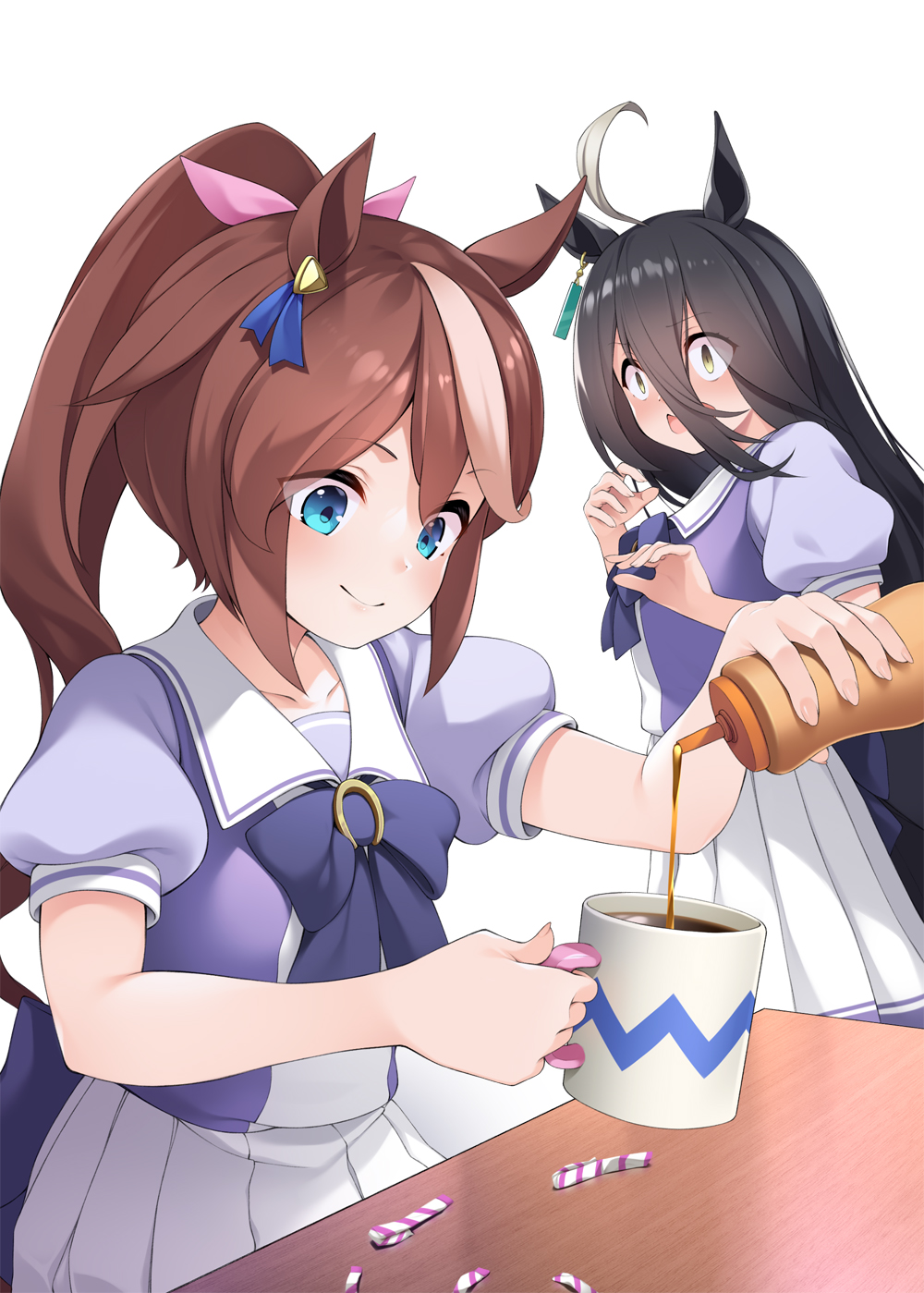 ahoge animal_ears black_hair blue_eyes brown_hair closed_mouth coffee_mug collarbone commentary_request cup hair_between_eyes hair_ornament highres holding honey horse_ears horse_tail long_hair looking_at_another manhattan_cafe_(umamusume) mofu_namako mug open_mouth ponytail school_uniform simple_background smile sugar_(food) surprised table tail tokai_teio_(umamusume) tracen_school_uniform umamusume white_background yellow_eyes